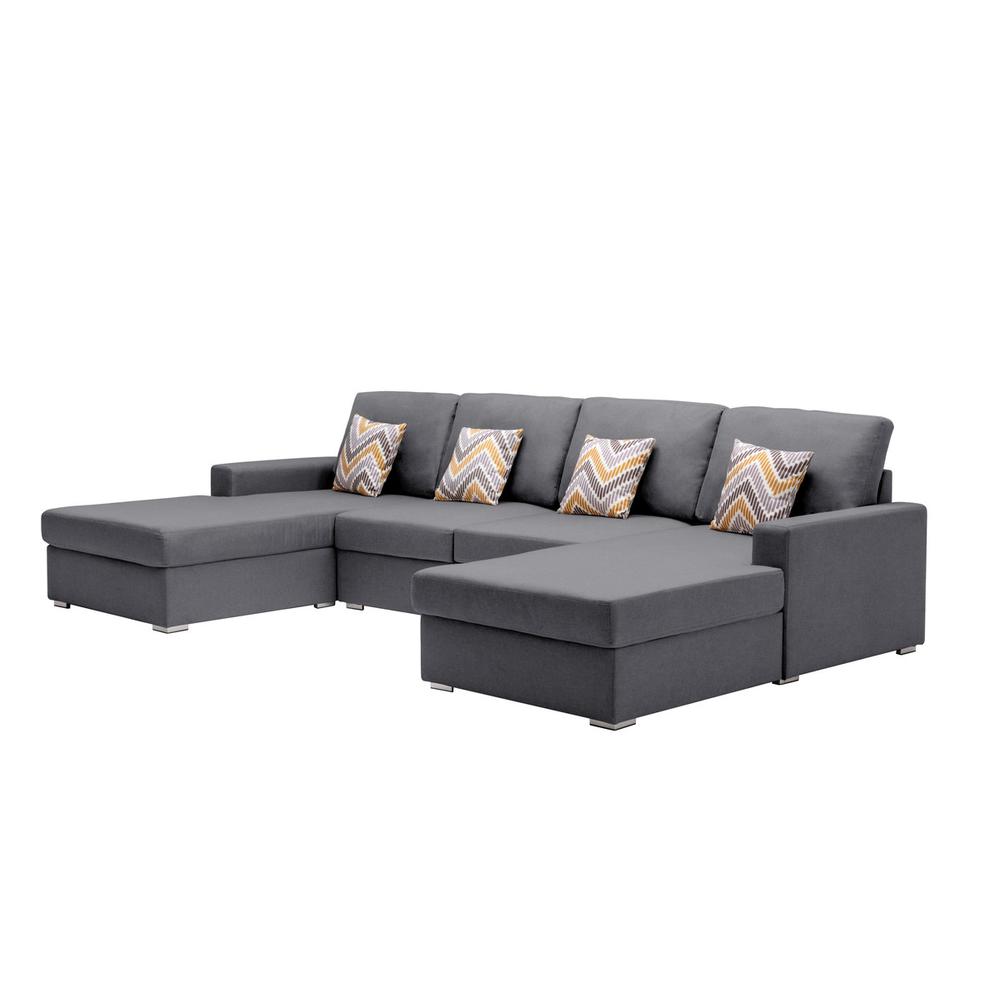 Nolan Gray Linen Fabric 4Pc Double Chaise Sectional Sofa with Pillows and Interchangeable Legs. Picture 1