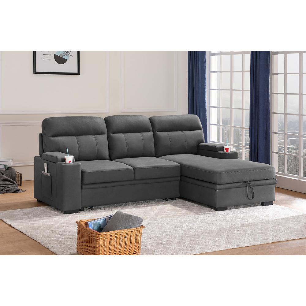 Kaden Gray Fabric Sleeper Sectional Sofa Chaise with Storage Arms and Cupholder. Picture 4