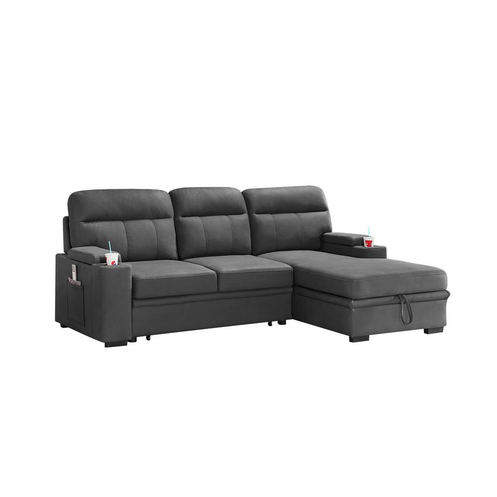 Kaden Gray Fabric Sleeper Sectional Sofa Chaise with Storage Arms and Cupholder. Picture 8