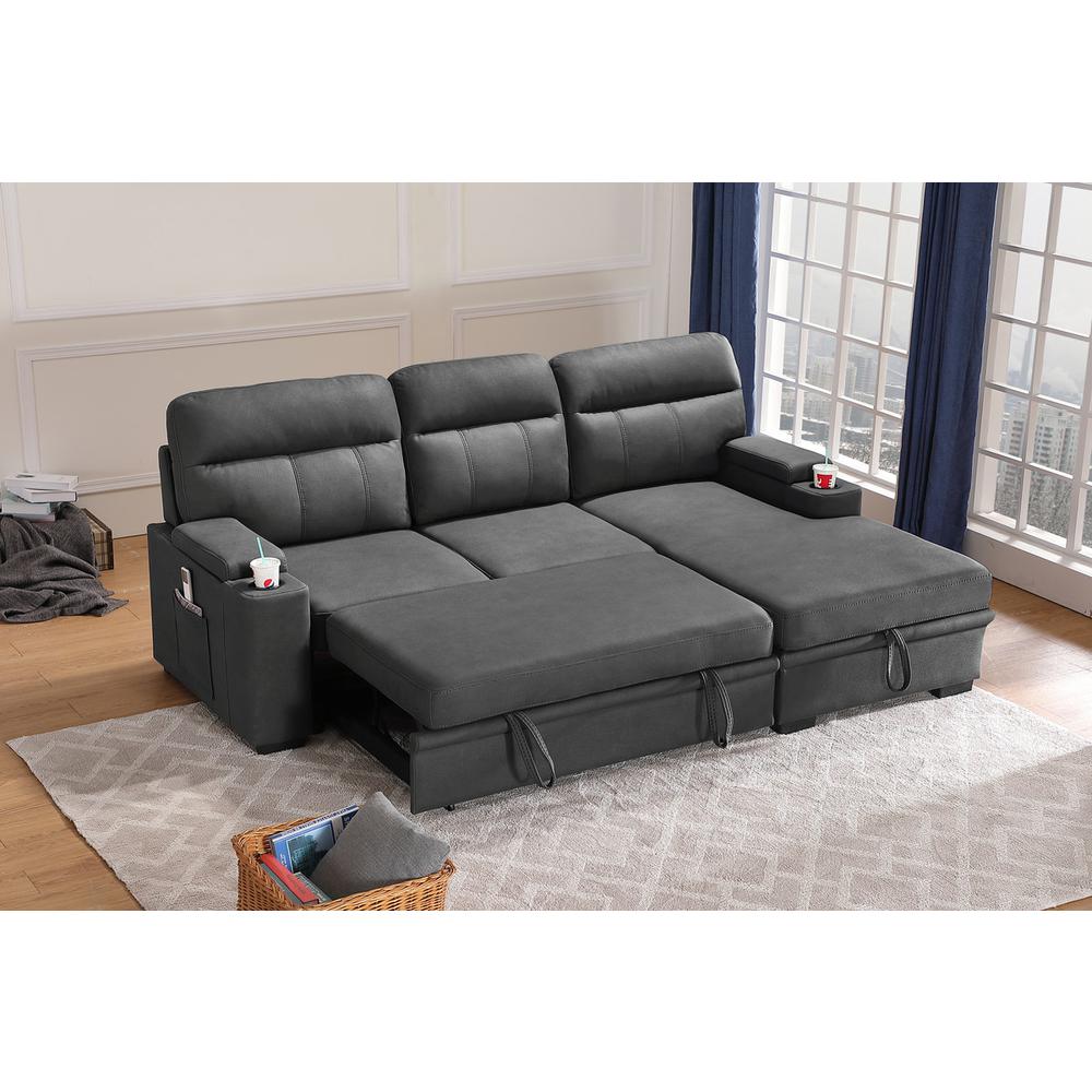 Kaden Gray Fabric Sleeper Sectional Sofa Chaise with Storage Arms and Cupholder. Picture 5