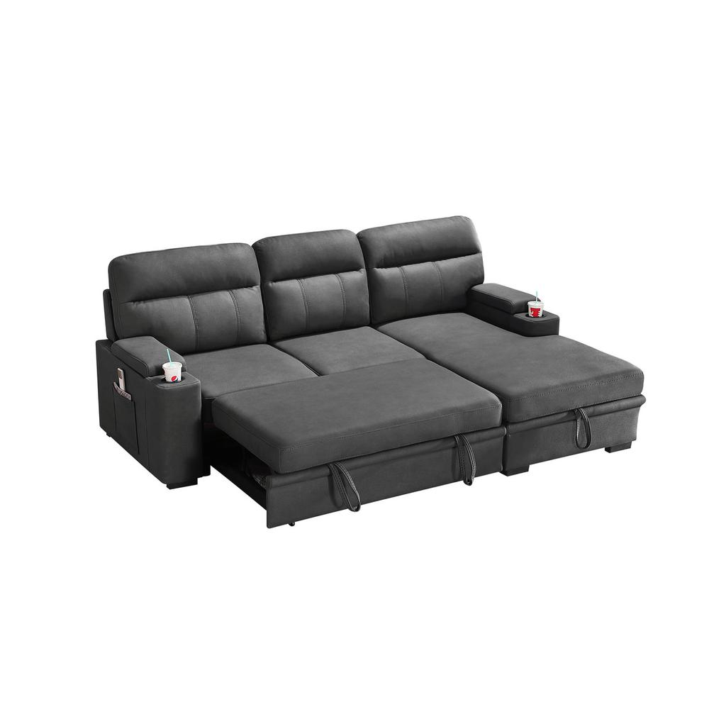 Kaden Gray Fabric Sleeper Sectional Sofa Chaise with Storage Arms and Cupholder. Picture 11