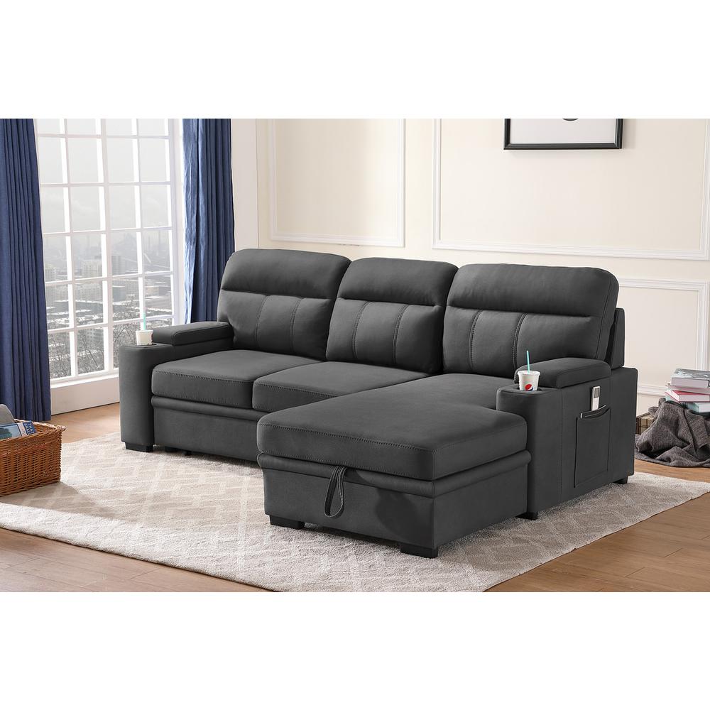Kaden Gray Fabric Sleeper Sectional Sofa Chaise with Storage Arms and Cupholder. Picture 1