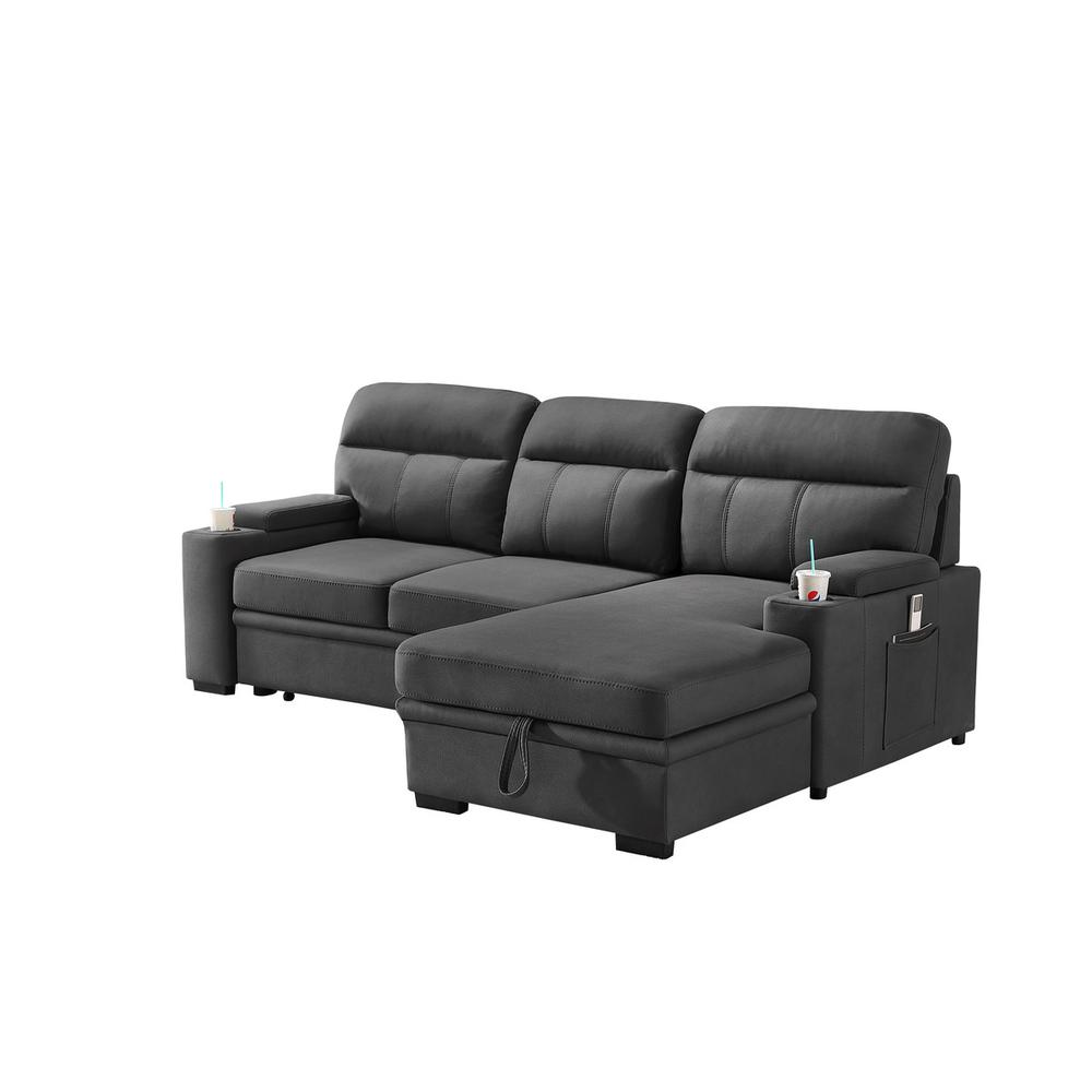 Kaden Gray Fabric Sleeper Sectional Sofa Chaise with Storage Arms and Cupholder. Picture 9