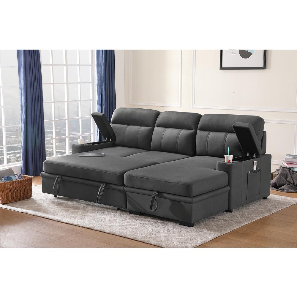 Kaden Gray Fabric Sleeper Sectional Sofa Chaise with Storage Arms and Cupholder. Picture 3