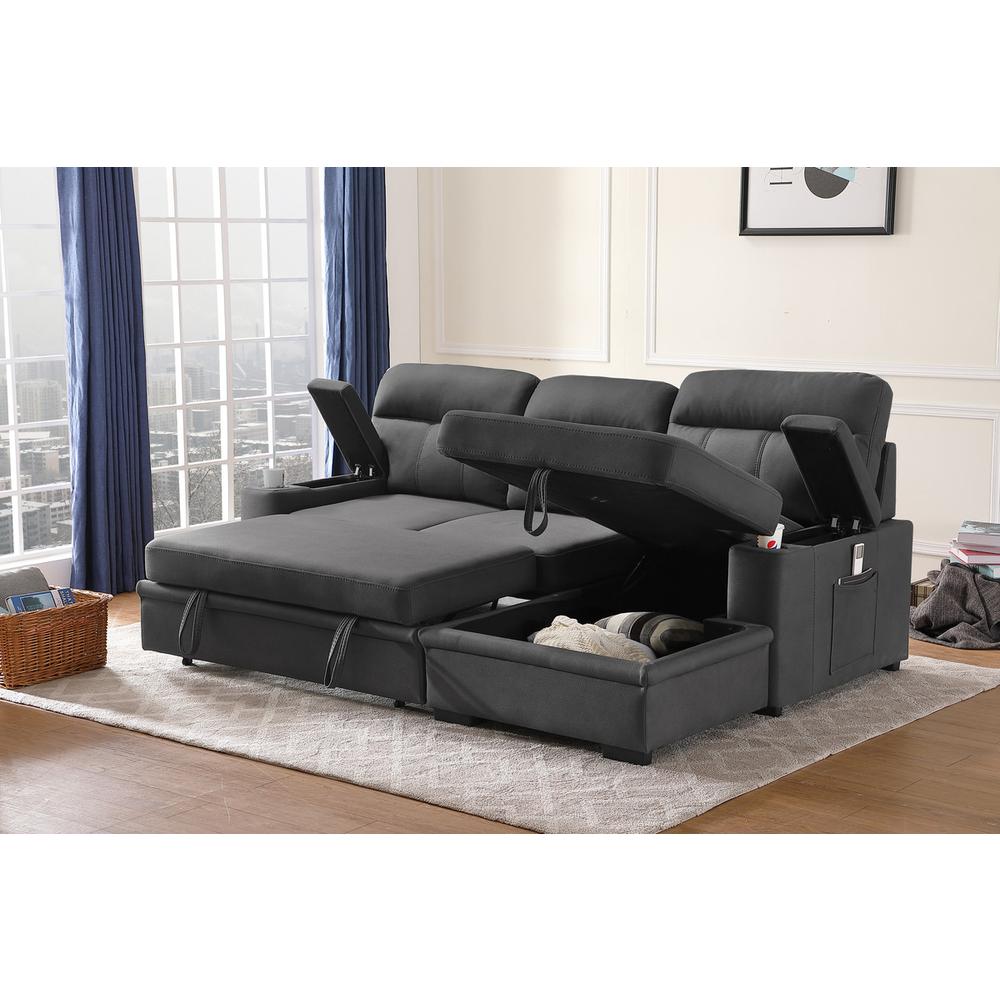 Kaden Gray Fabric Sleeper Sectional Sofa Chaise with Storage Arms and Cupholder. Picture 2