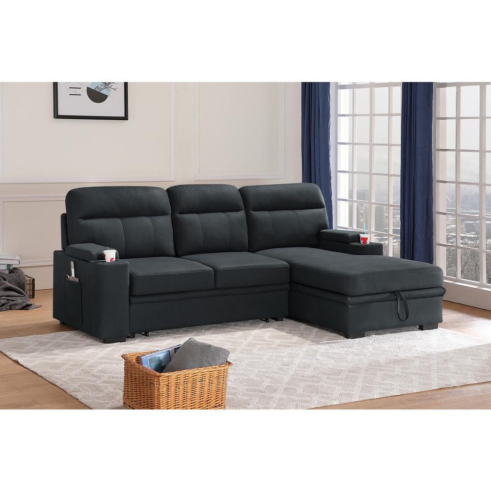Kaden Black Fabric Sleeper Sectional Sofa Chaise with Storage Arms and Cupholder. Picture 1