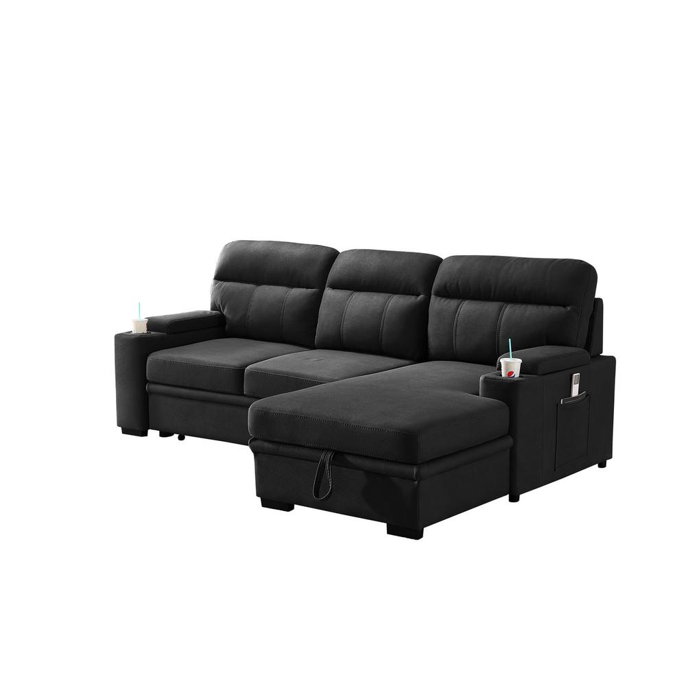 Kaden Black Fabric Sleeper Sectional Sofa Chaise with Storage Arms and Cupholder. Picture 2