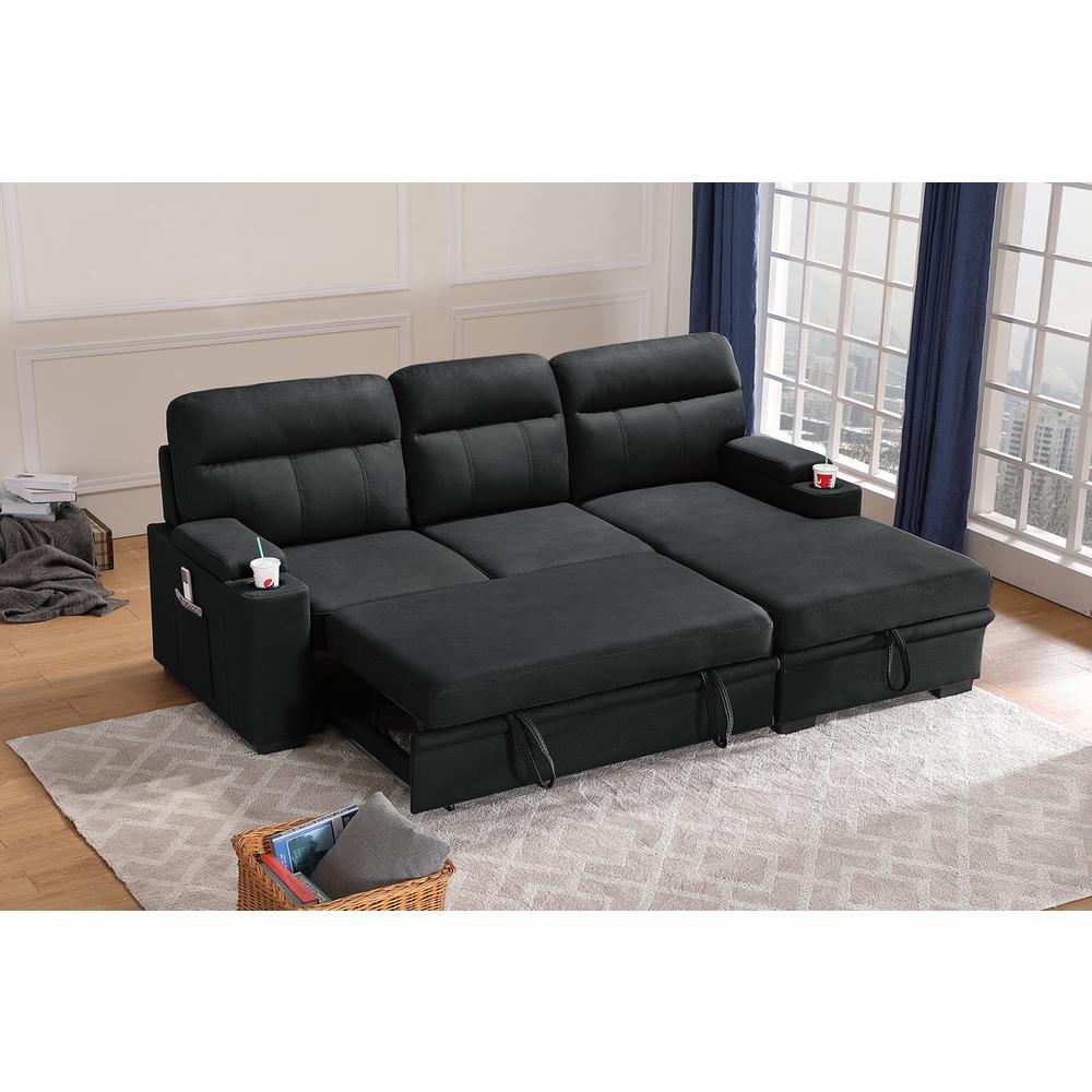 Kaden Black Fabric Sleeper Sectional Sofa Chaise with Storage Arms and Cupholder. Picture 3