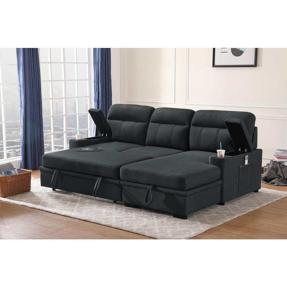 Kaden Black Fabric Sleeper Sectional Sofa Chaise with Storage Arms and Cupholder. Picture 4