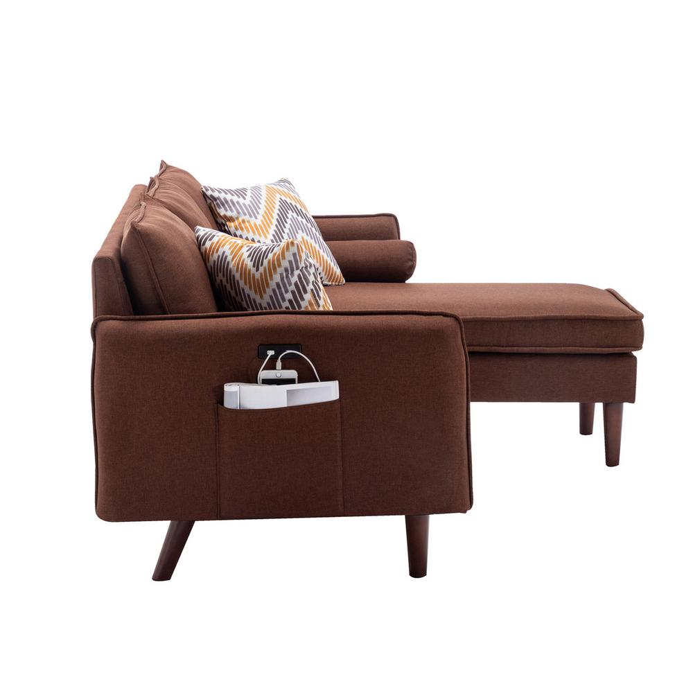 Mia Brown Sectional Sofa Chaise with USB Charger & Pillows. Picture 2