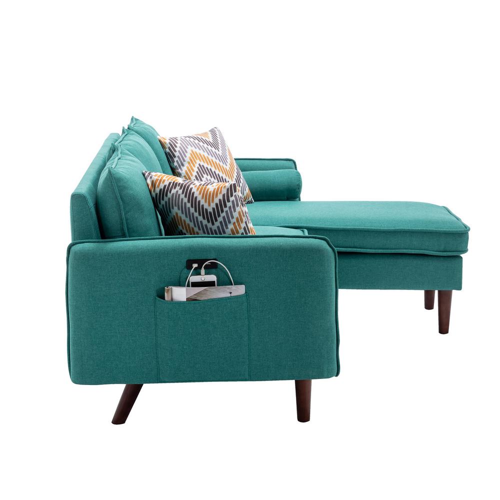 Mia Green Sectional Sofa Chaise with USB Charger & Pillows. Picture 2