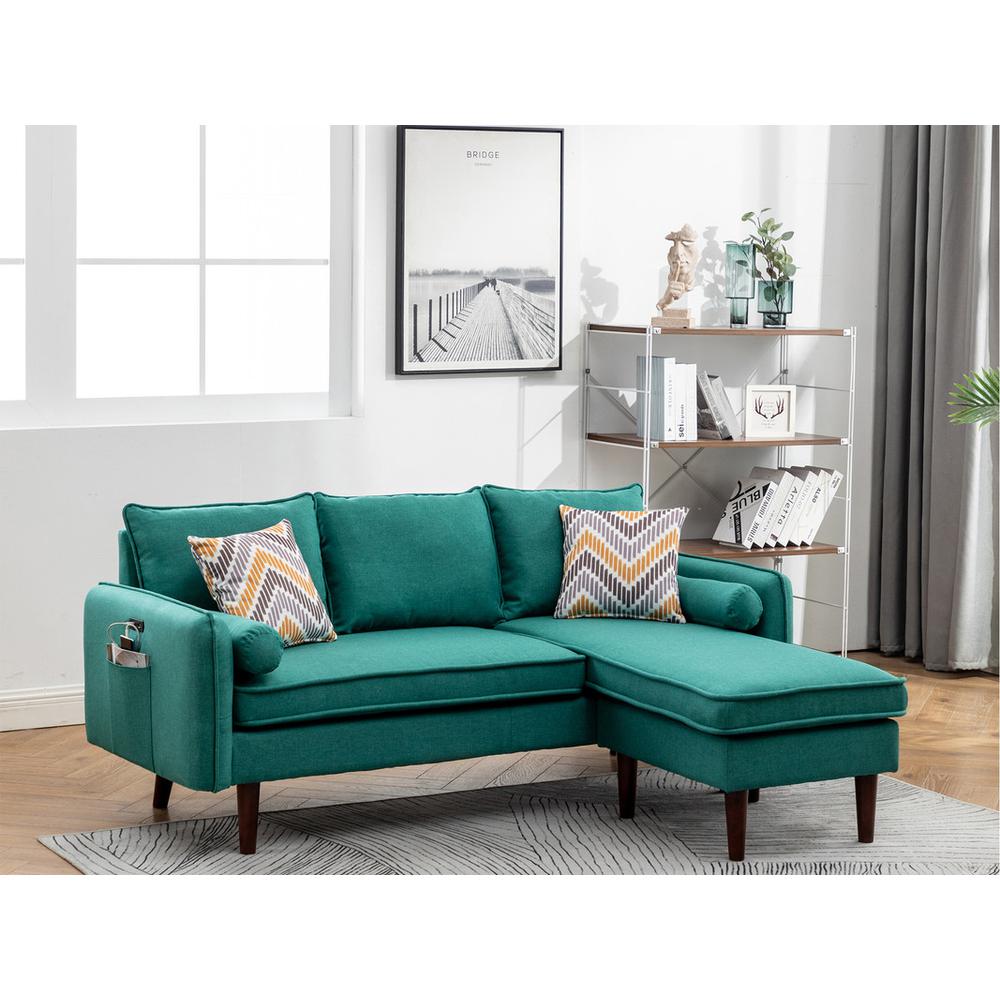 Mia Green Sectional Sofa Chaise with USB Charger & Pillows. Picture 4