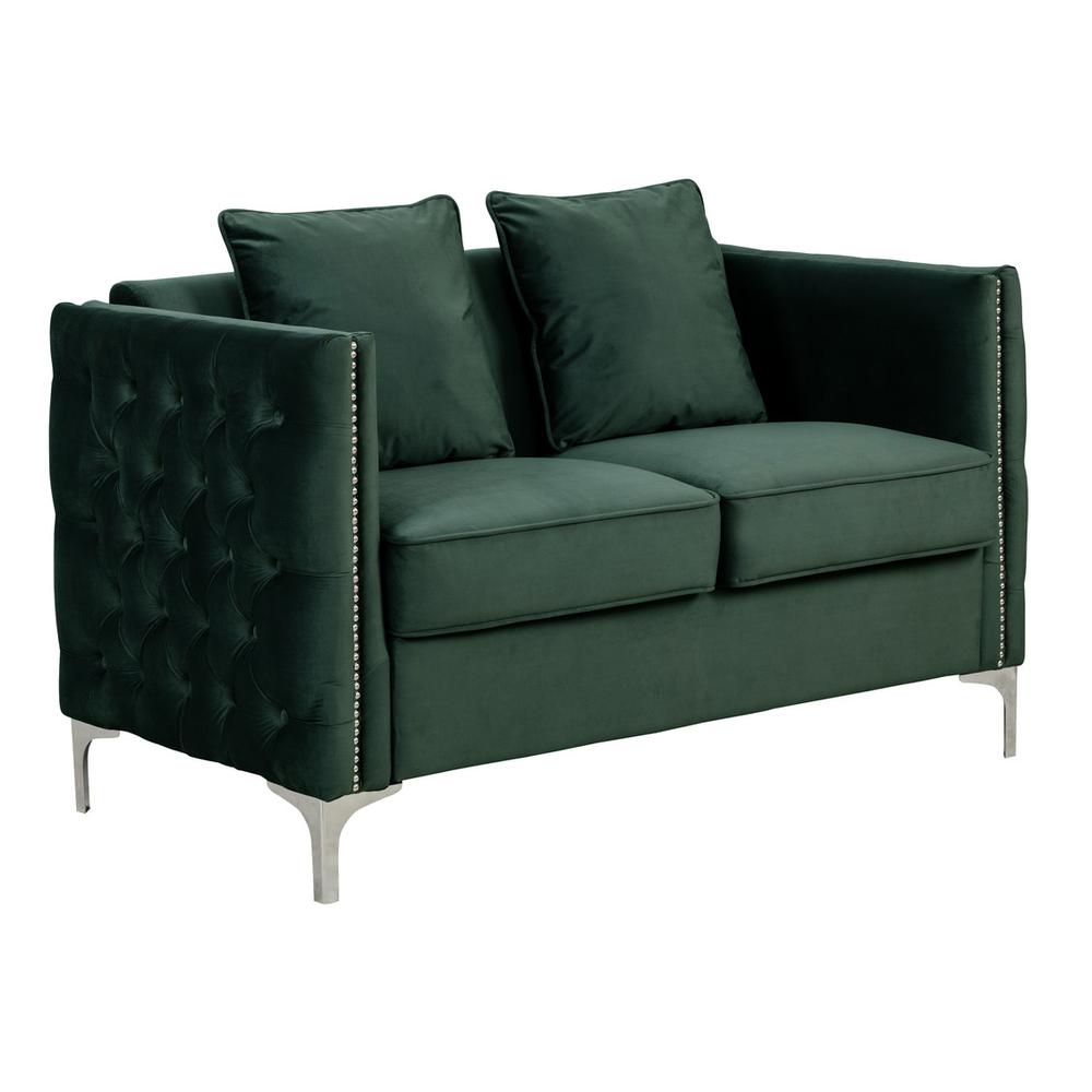 Bayberry Green Velvet Loveseat with 2 Pillows. Picture 1