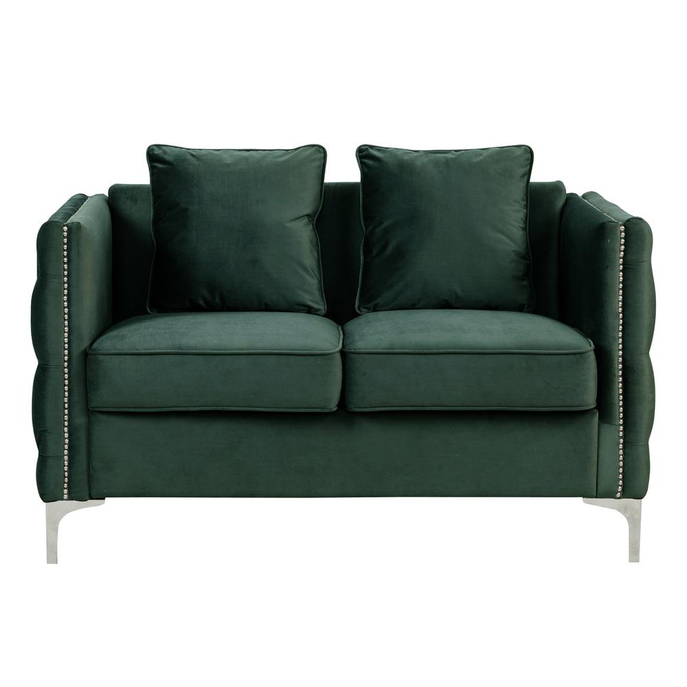 Bayberry Green Velvet Loveseat with 2 Pillows. Picture 2
