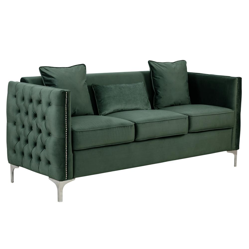 Bayberry Green Velvet Sofa with 3 Pillows. Picture 1
