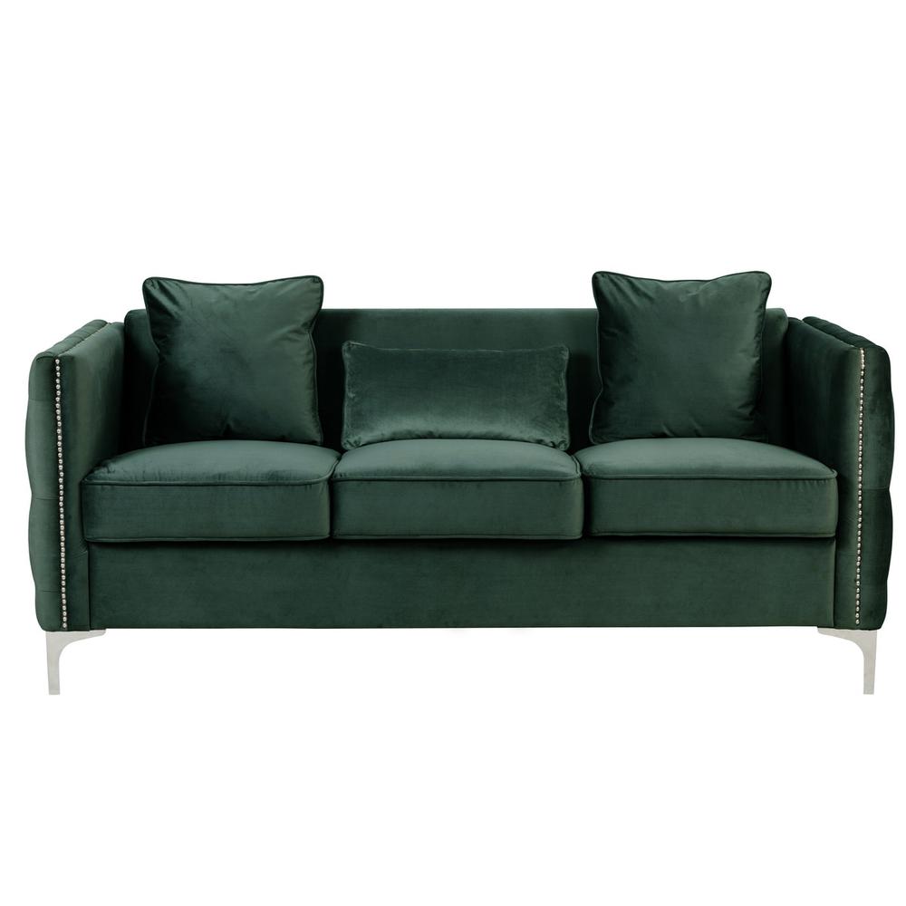 Bayberry Green Velvet Sofa with 3 Pillows. Picture 2