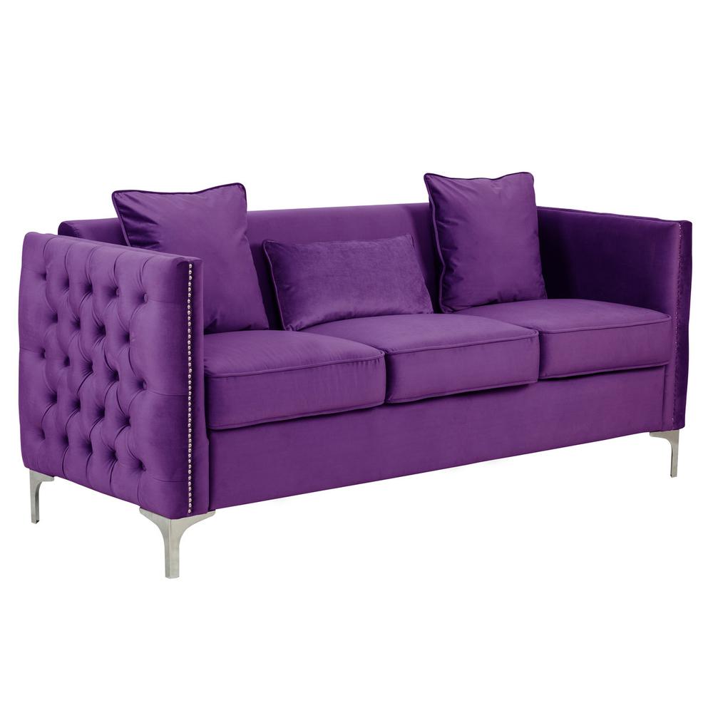 Bayberry Purple Velvet Sofa with 3 Pillows. The main picture.