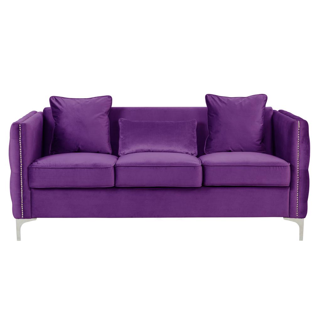 Bayberry Purple Velvet Sofa with 3 Pillows. Picture 2