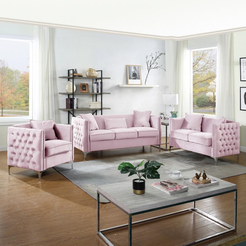 Bayberry Pink Velvet Sofa with 3 Pillows. Picture 9