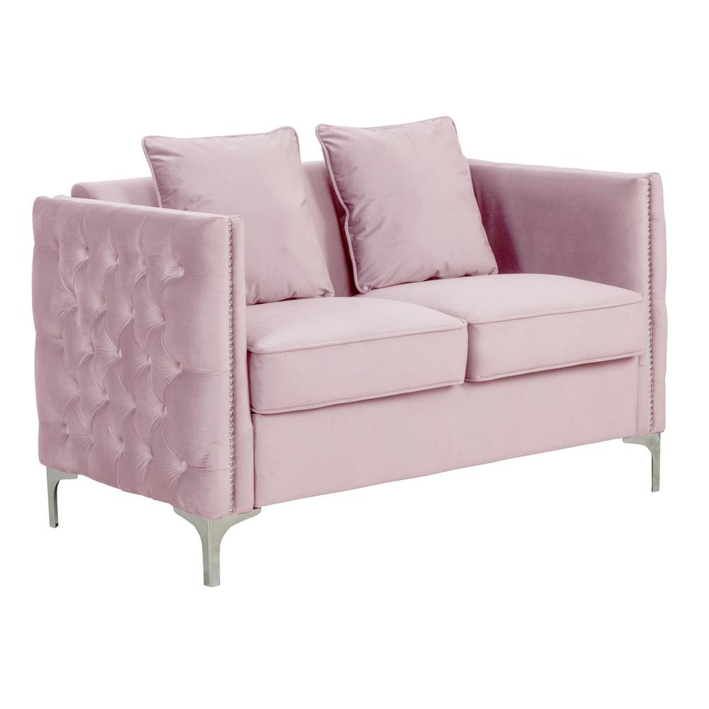 Bayberry Pink Velvet Loveseat with 2 Pillows. Picture 1