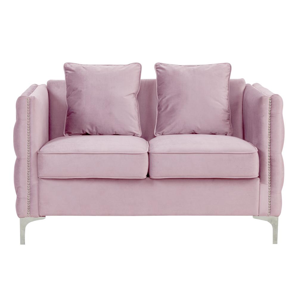 Bayberry Pink Velvet Loveseat with 2 Pillows. Picture 2