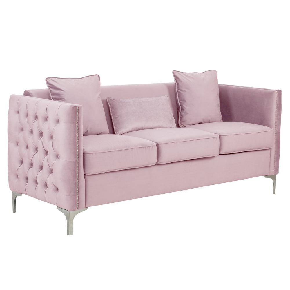 Bayberry Pink Velvet Sofa with 3 Pillows. The main picture.