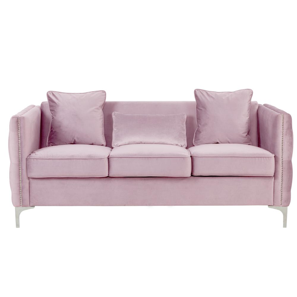 Bayberry Pink Velvet Sofa with 3 Pillows. Picture 2