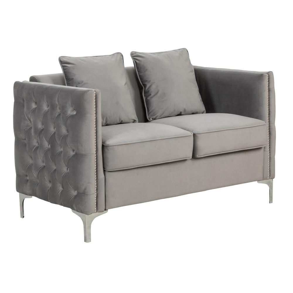 Bayberry Gray Velvet Loveseat with 2 Pillows. Picture 1