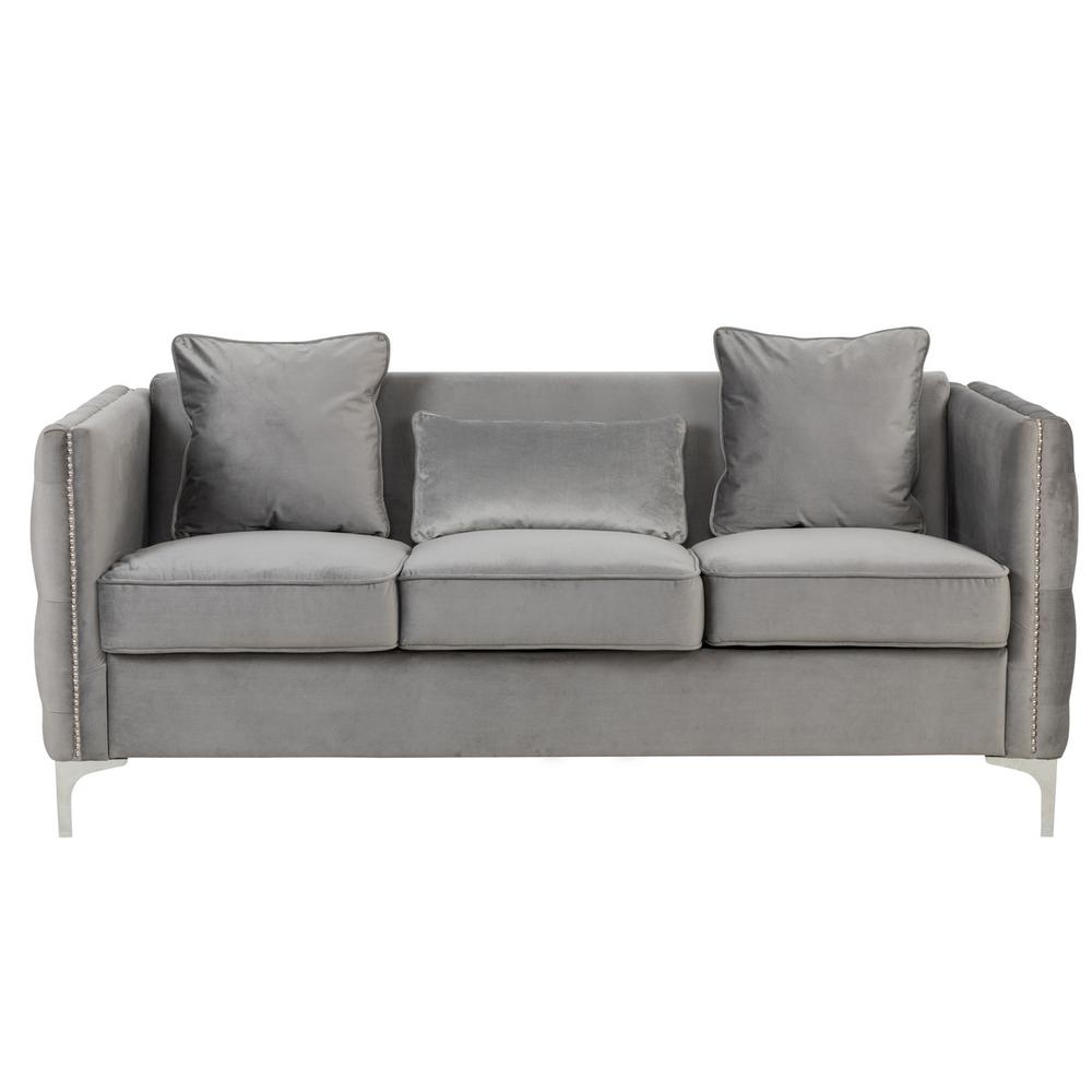 Bayberry Gray Velvet Sofa with 3 Pillows. Picture 3