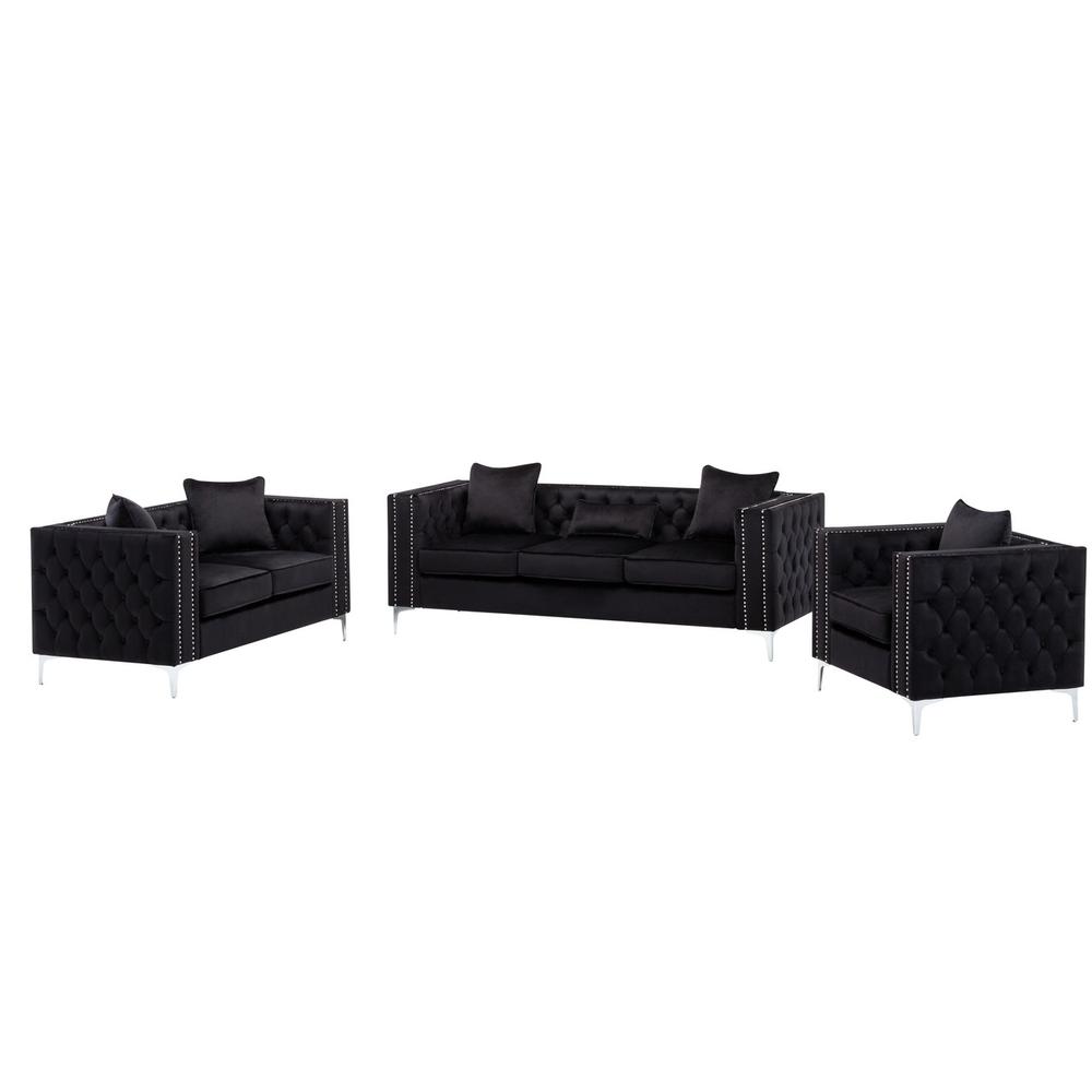 Lorreto Black Velvet Fabric Sofa Loveseat Chair Living Room Set. Picture 1