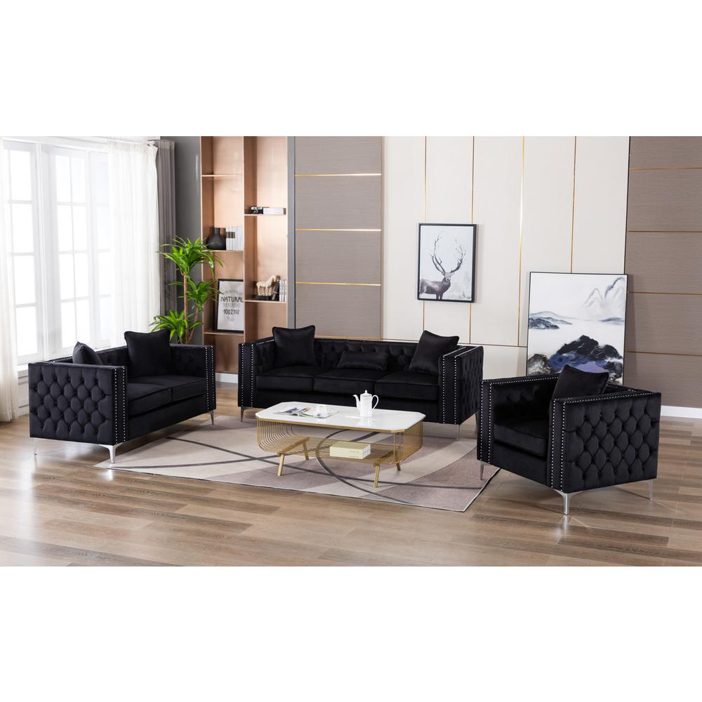 Lorreto Black Velvet Fabric Sofa Loveseat Chair Living Room Set. Picture 4