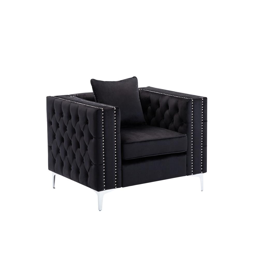 Lorreto Black Velvet Fabric Sofa Loveseat Chair Living Room Set. Picture 9