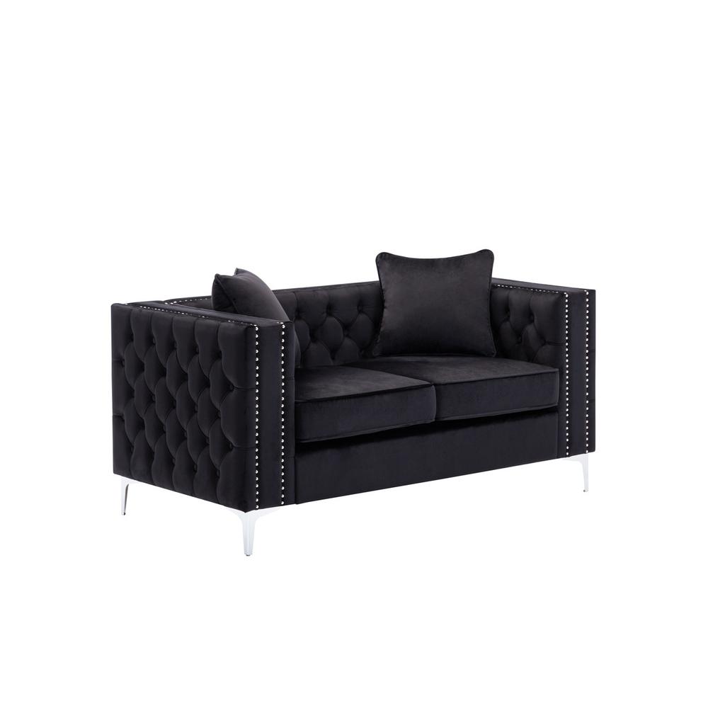 Lorreto Black Velvet Fabric Sofa Loveseat Chair Living Room Set. Picture 6