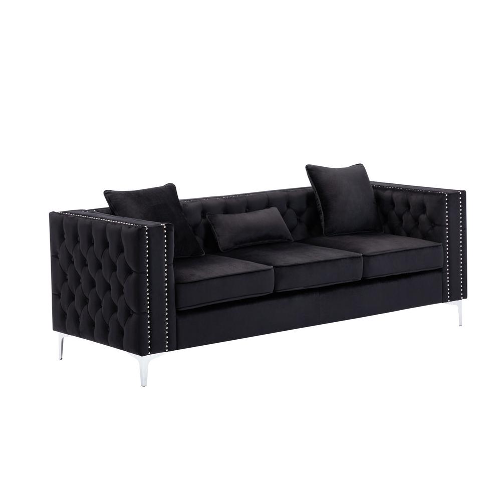Lorreto Black Velvet Fabric Sofa Loveseat Chair Living Room Set. Picture 2