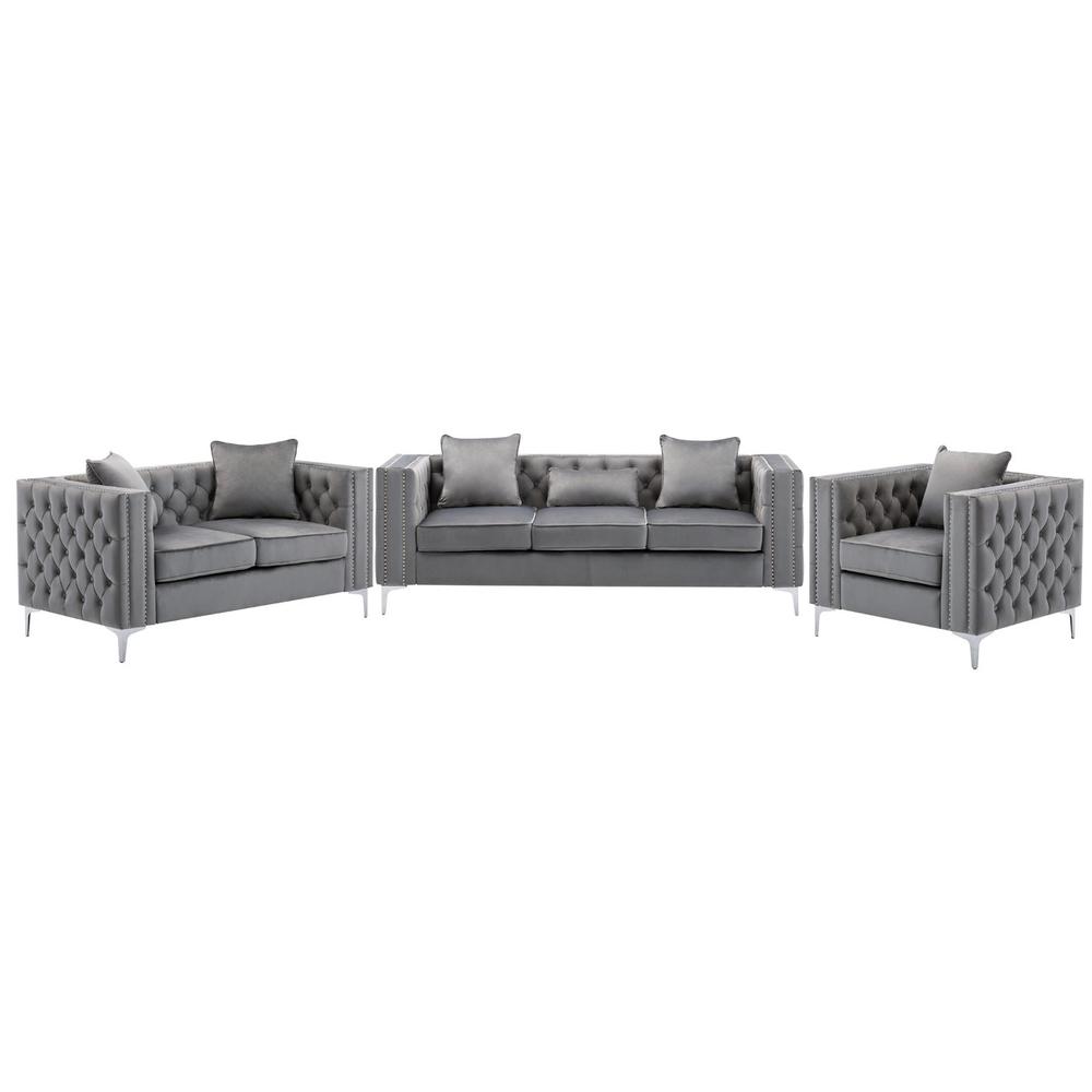 Lorreto Gray Velvet Fabric Sofa Loveseat Chair Living Room Set. Picture 1