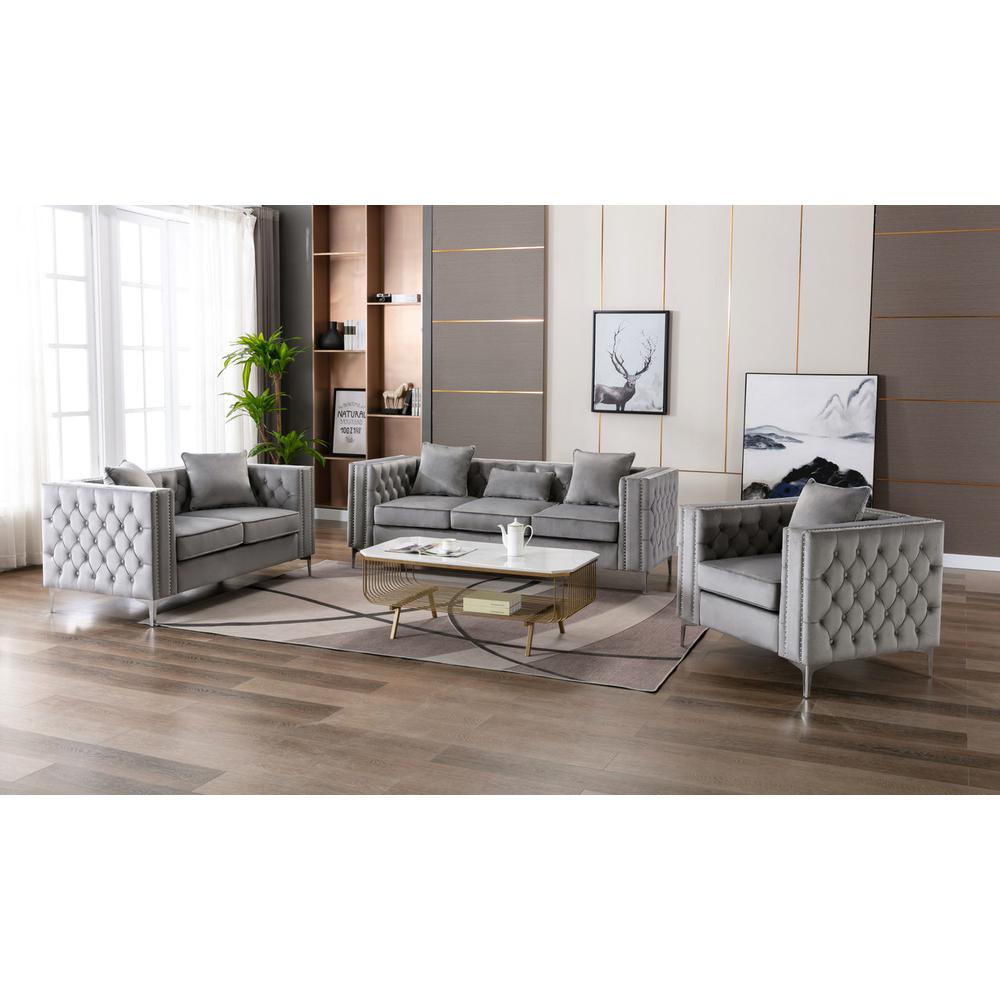 Lorreto Gray Velvet Fabric Sofa Loveseat Chair Living Room Set. Picture 2