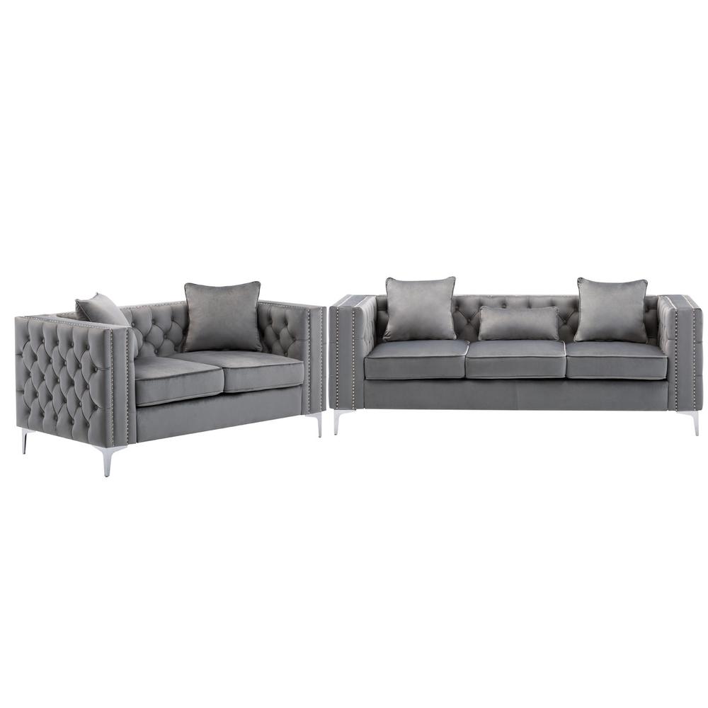 Lorreto Gray Velvet Fabric Sofa Loveseat Living Room Set. Picture 1