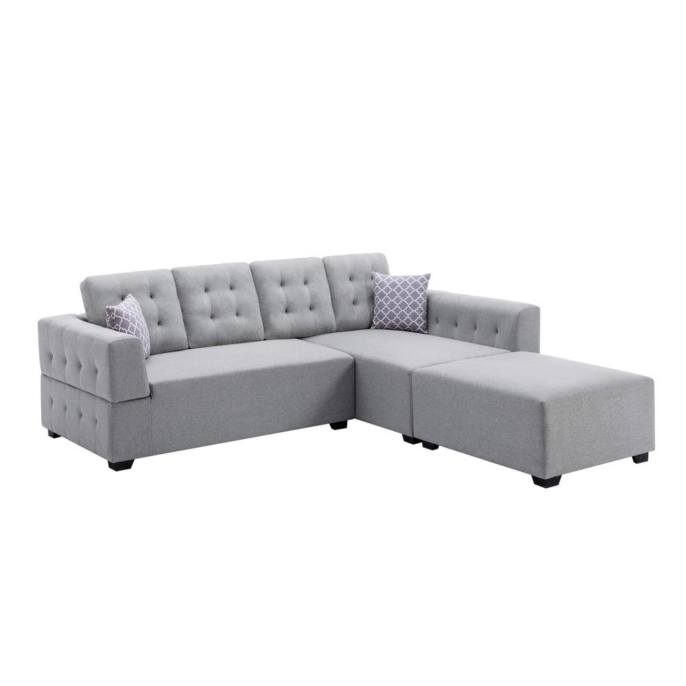 Ordell Dark Gray Linen Fabric Sectional Sofa with Right Facing Chaise Ottoman and Pillows. Picture 7