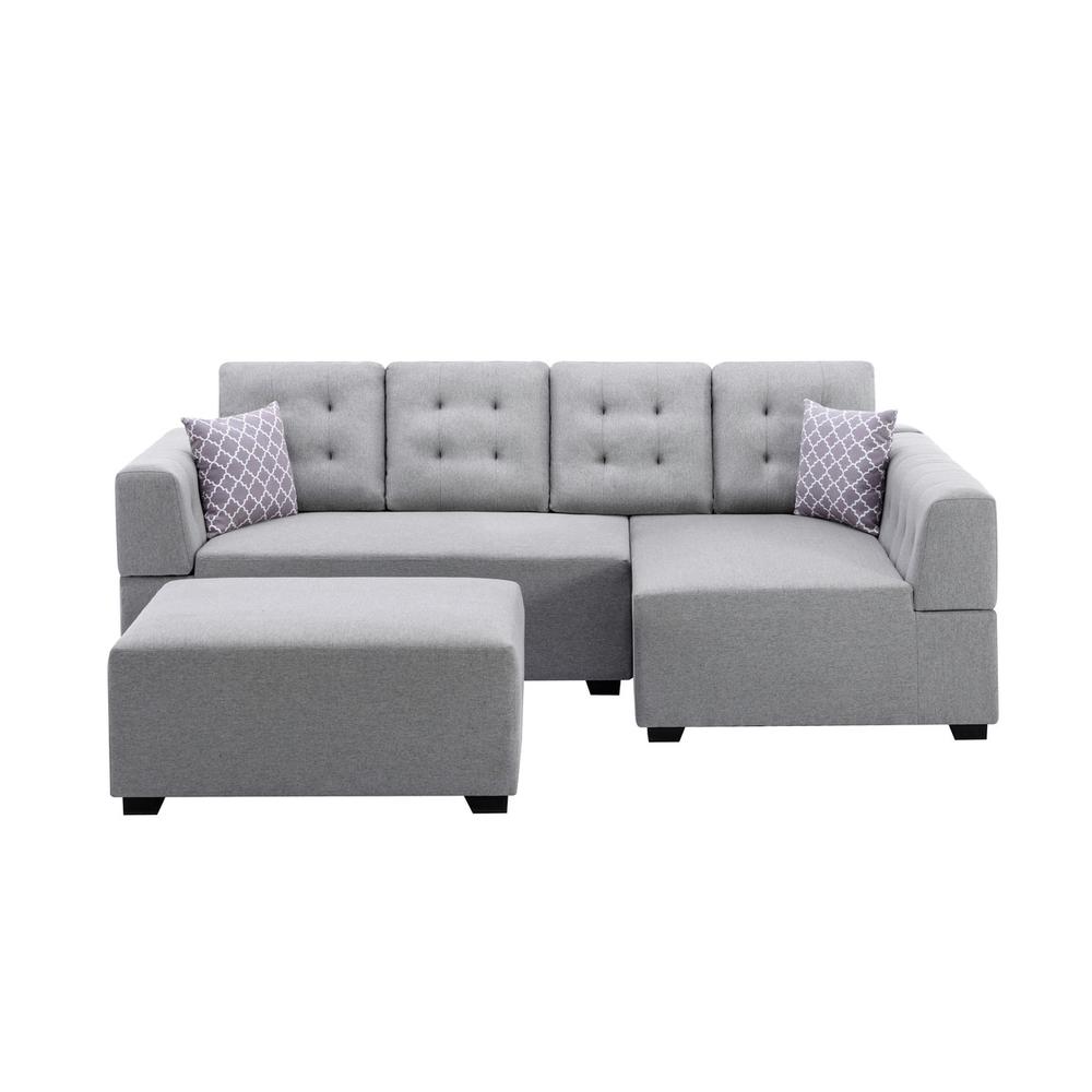 Ordell Dark Gray Linen Fabric Sectional Sofa with Right Facing Chaise Ottoman and Pillows. Picture 8