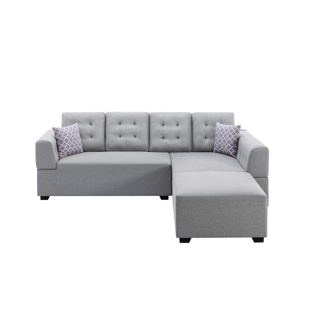 Ordell Dark Gray Linen Fabric Sectional Sofa with Right Facing Chaise Ottoman and Pillows. Picture 9