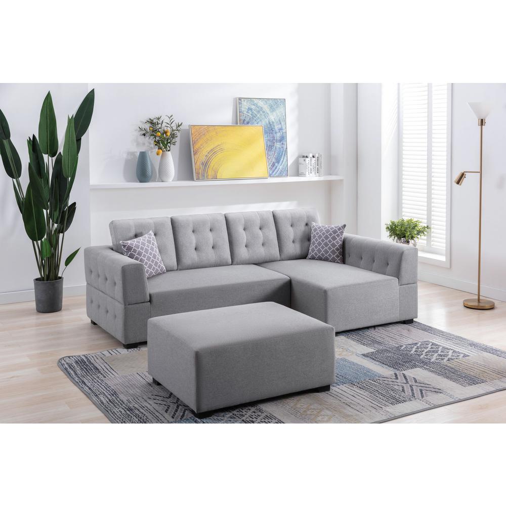 Ordell Dark Gray Linen Fabric Sectional Sofa with Right Facing Chaise Ottoman and Pillows. Picture 11