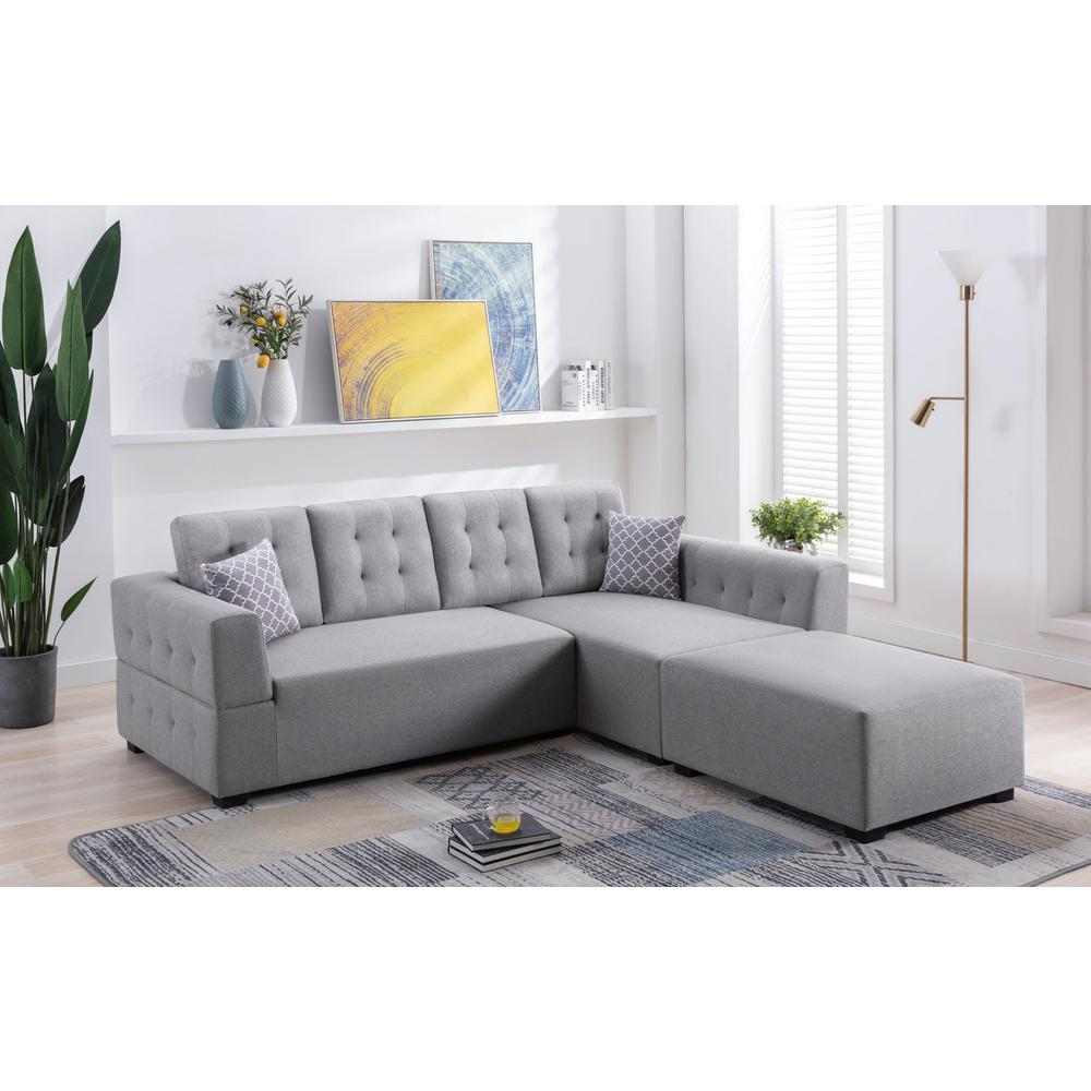Ordell Dark Gray Linen Fabric Sectional Sofa with Right Facing Chaise Ottoman and Pillows. Picture 10