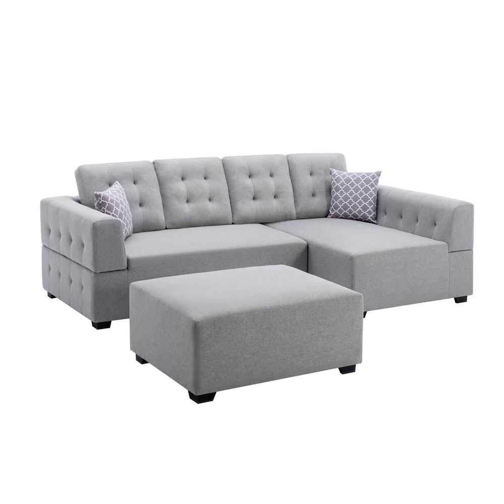 Ordell Dark Gray Linen Fabric Sectional Sofa with Right Facing Chaise Ottoman and Pillows. Picture 12
