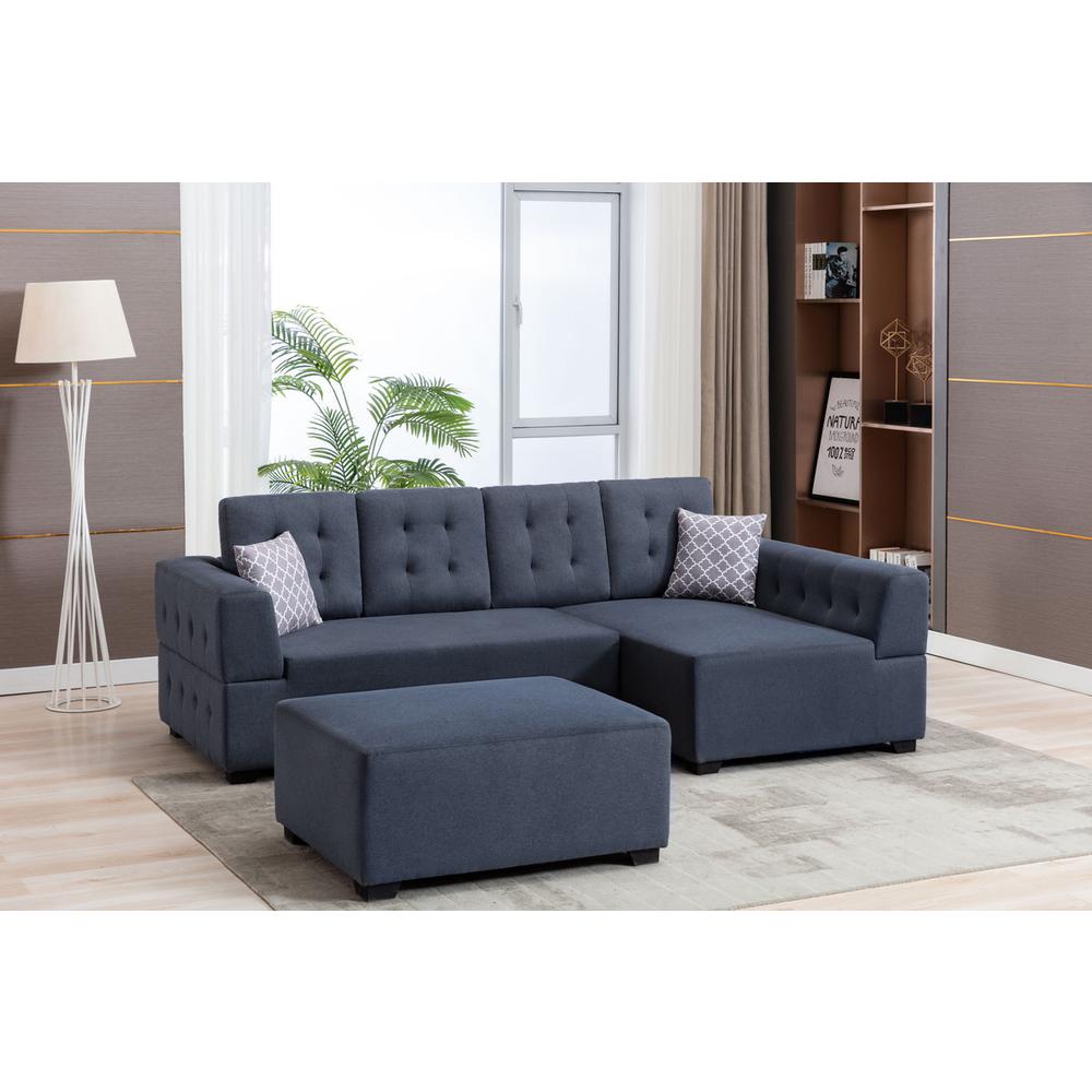 Ordell Dark Gray Linen Fabric Sectional Sofa with Right Facing Chaise Ottoman and Pillows. Picture 2