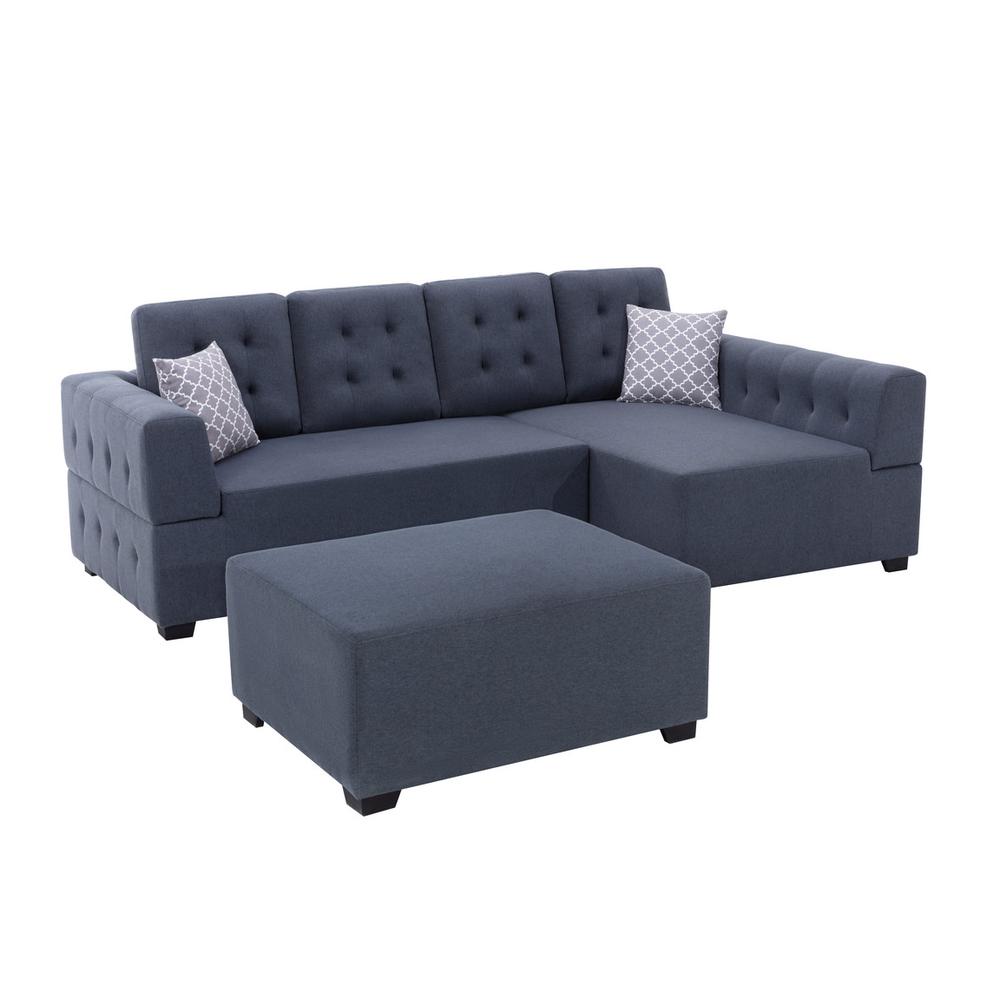 Ordell Dark Gray Linen Fabric Sectional Sofa with Right Facing Chaise Ottoman and Pillows. Picture 5