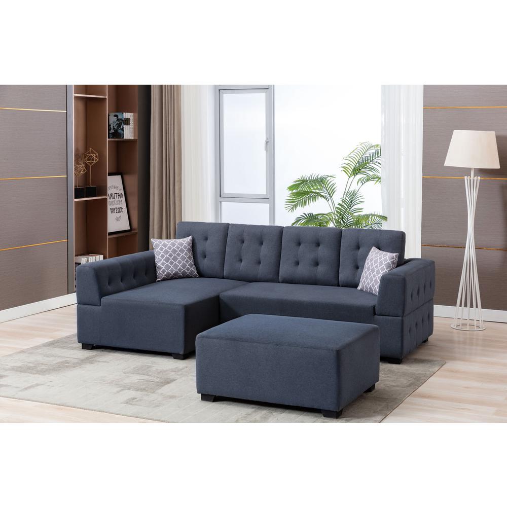 Ordell Dark Gray Linen Fabric Sectional Sofa with Left Facing Chaise Ottoman and Pillows. Picture 5