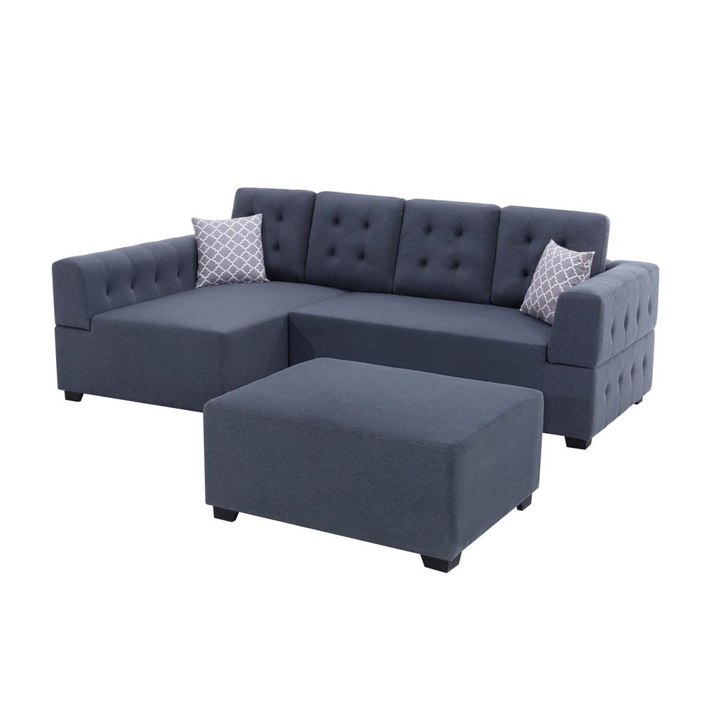 Ordell Dark Gray Linen Fabric Sectional Sofa with Left Facing Chaise Ottoman and Pillows. Picture 6