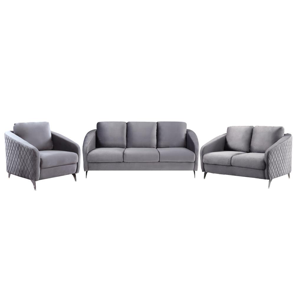 Sofia Gray Velvet Fabric Sofa Loveseat Chair Living Room Set. Picture 1