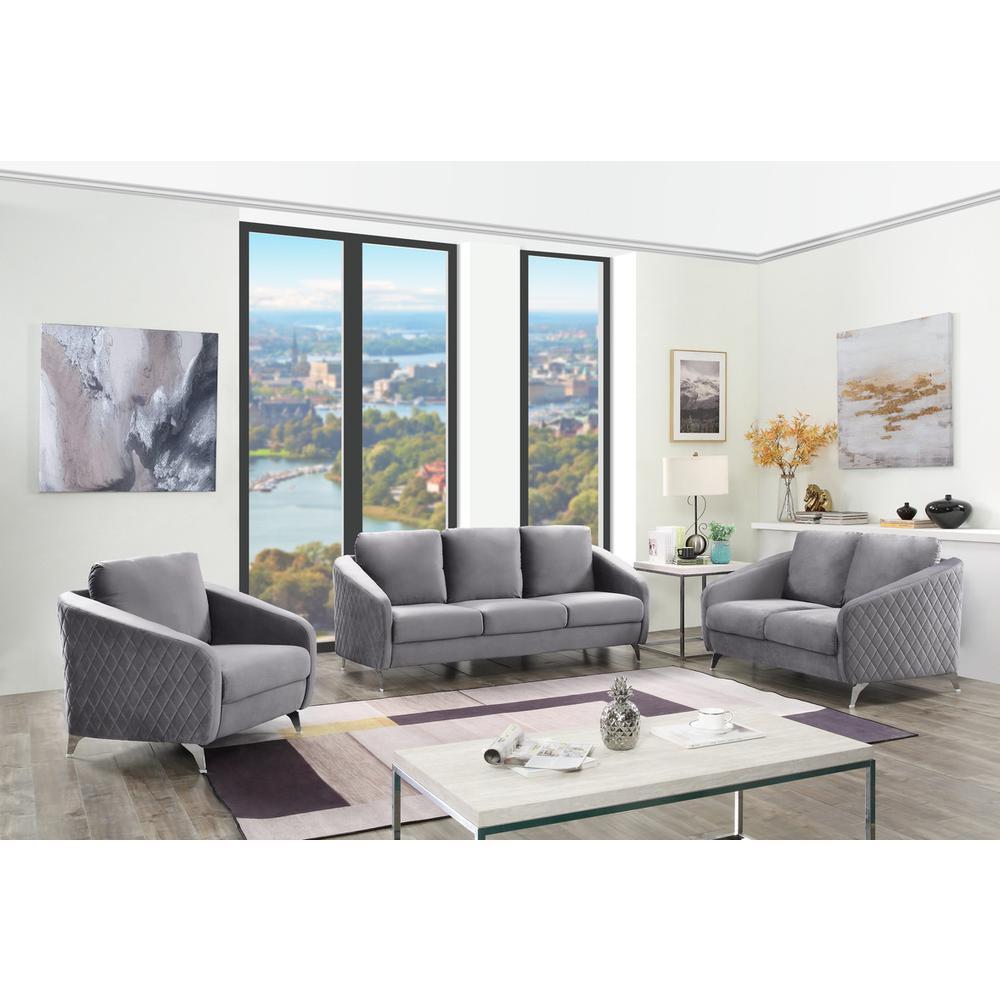 Sofia Gray Velvet Fabric Sofa Loveseat Chair Living Room Set. Picture 4