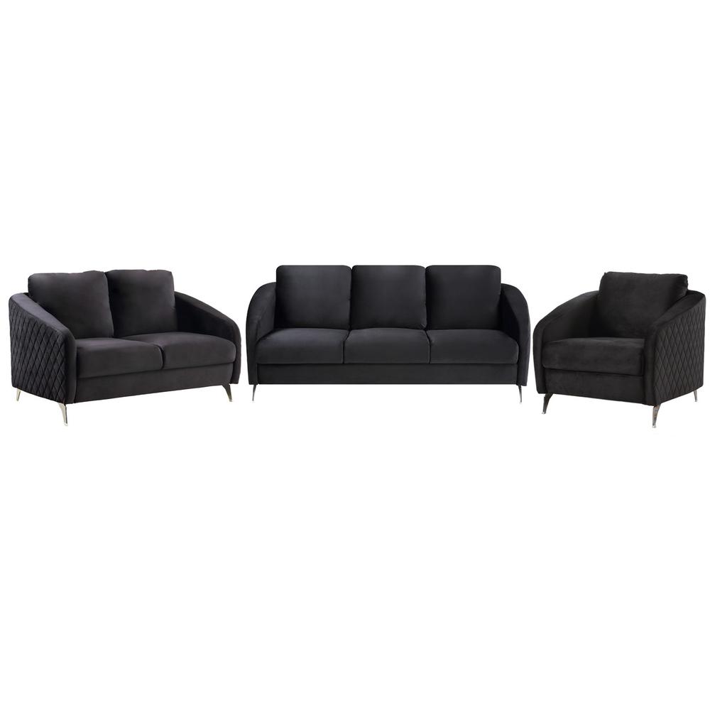 Sofia Black Velvet Fabric Sofa Loveseat Chair Living Room Set. Picture 1